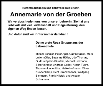 Traueranzeige von Annemarie von der Groeben von Neue Westfälische