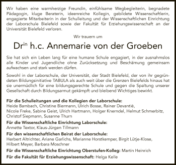 Traueranzeige von Annemarie von der Groeben von Neue Westfälische