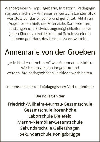 Traueranzeige von Annemarie von der Groeben von Neue Westfälische