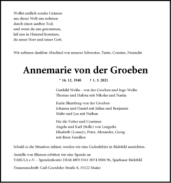 Traueranzeige von Annemarie von der Groeben von Neue Westfälische