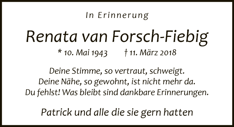  Traueranzeige für Renata van Forsch-Fiebig vom 11.03.2021 aus Neue Westfälische