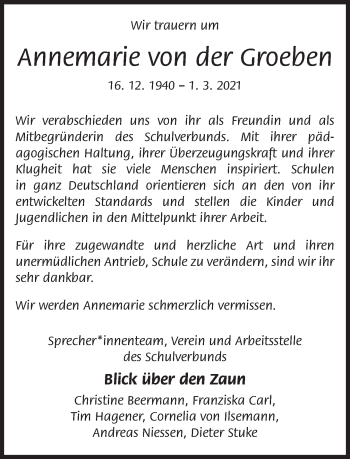 Traueranzeige von Annemarie von der Groeben von Neue Westfälische