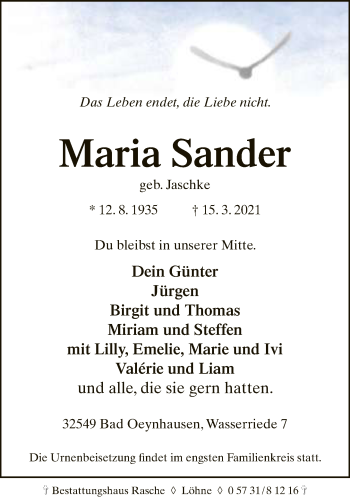 Traueranzeige von Maria Sander von Neue Westfälische