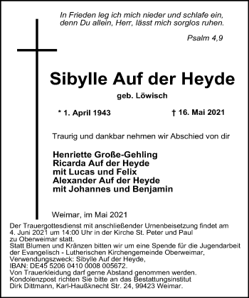 Traueranzeige von Sibylle  Auf der Heyde von Neue Westfälische