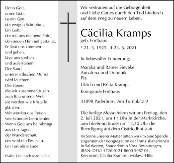 Traueranzeige von Cäcilia Kramps von Neue Westfälische