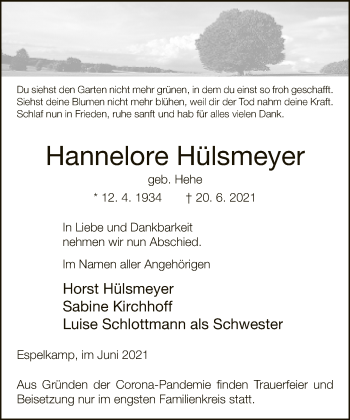 Traueranzeige von Hannelore Hülsmeyer von Neue Westfälische