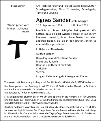 Traueranzeige von Agnes Sander von Neue Westfälische