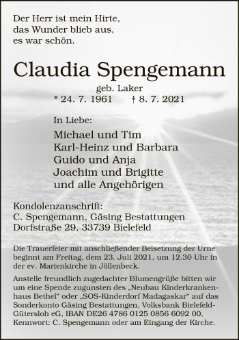 Traueranzeige von Claudia Spengemann von Neue Westfälische