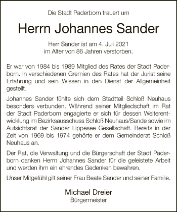 Traueranzeige von Johannes Sander von Neue Westfälische