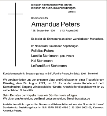 Traueranzeige von Amandus Peters von Neue Westfälische