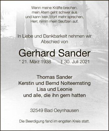 Traueranzeige von Gerhard Sander von Neue Westfälische