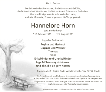 Traueranzeige von Hannelore Horn von Neue Westfälische