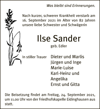 Traueranzeige von Ilse Sander von Neue Westfälische