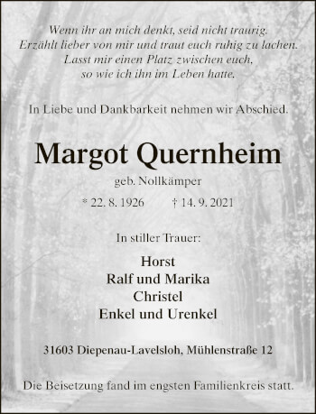 Traueranzeige von Margot Quernheim von Neue Westfälische