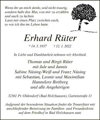 Traueranzeige von Erhard Rüter von Neue Westfälische