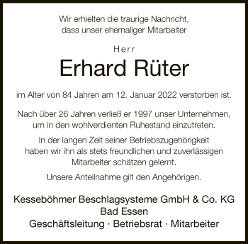 Traueranzeige von Erhard Rüter von Neue Westfälische