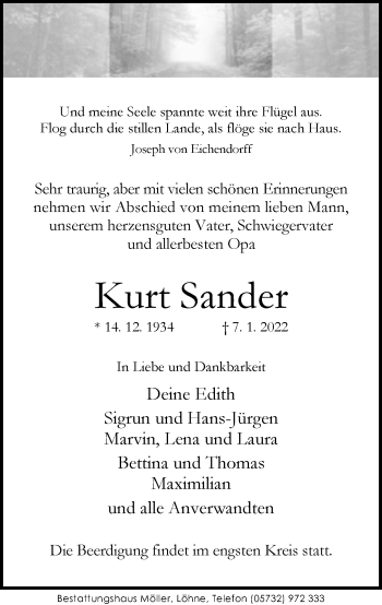 Traueranzeige von Kurt Sander von Neue Westfälische