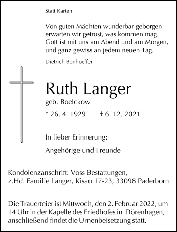 Traueranzeige von Ruth Langer von Neue Westfälische