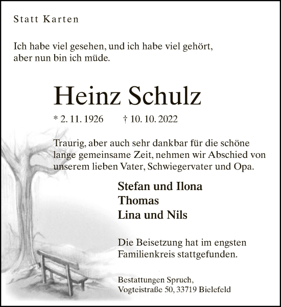 Traueranzeige von Heinz Schulz von Neue Westfälische