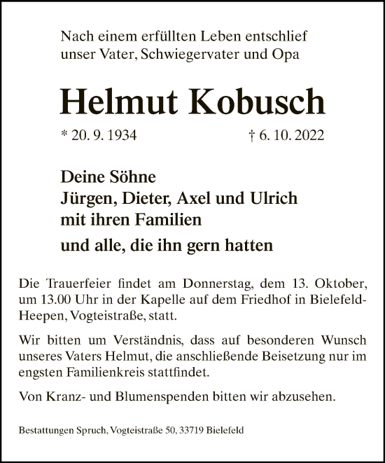 Traueranzeige von Helmut Kobusch von Neue Westfälische