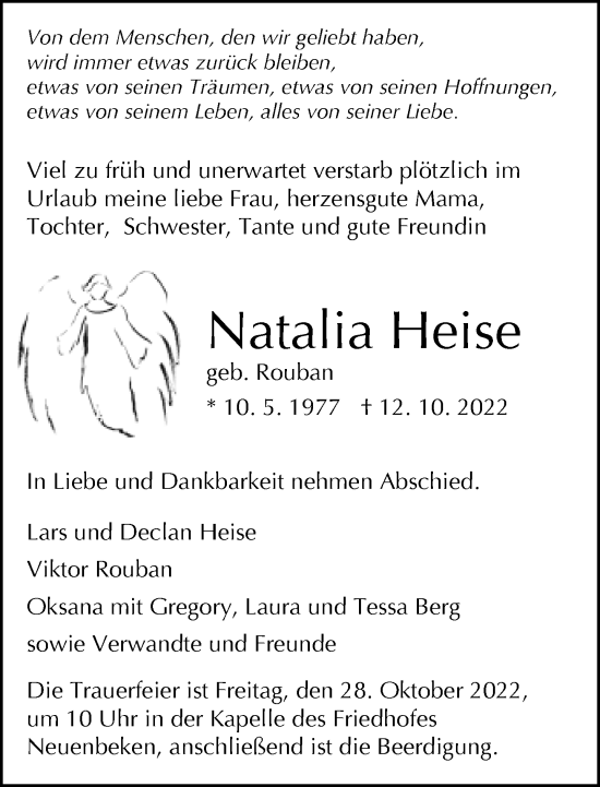 Traueranzeige von Natalia Heise von Neue Westfälische