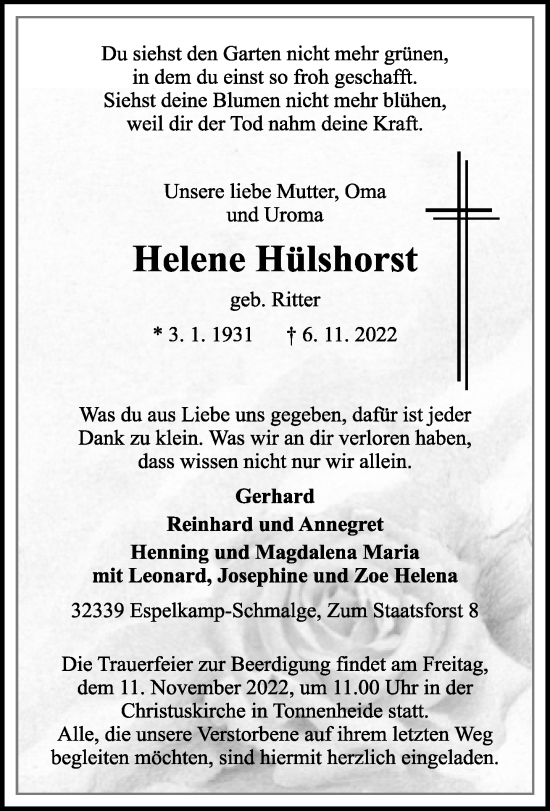 Traueranzeige von Helene Hülshorst von Neue Westfälische