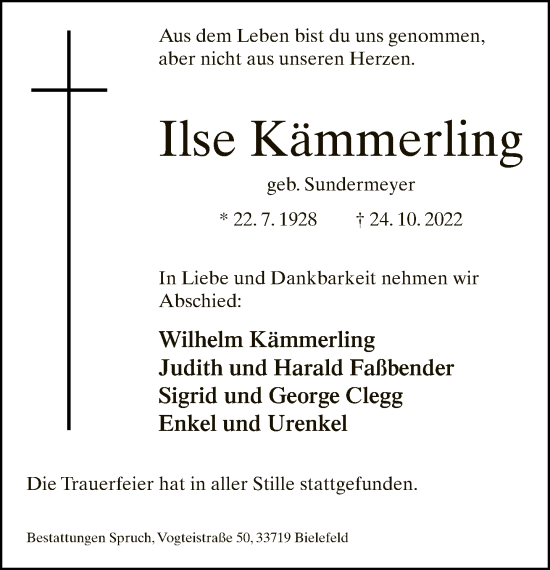 Traueranzeige von Ilse Kämmerling von Neue Westfälische