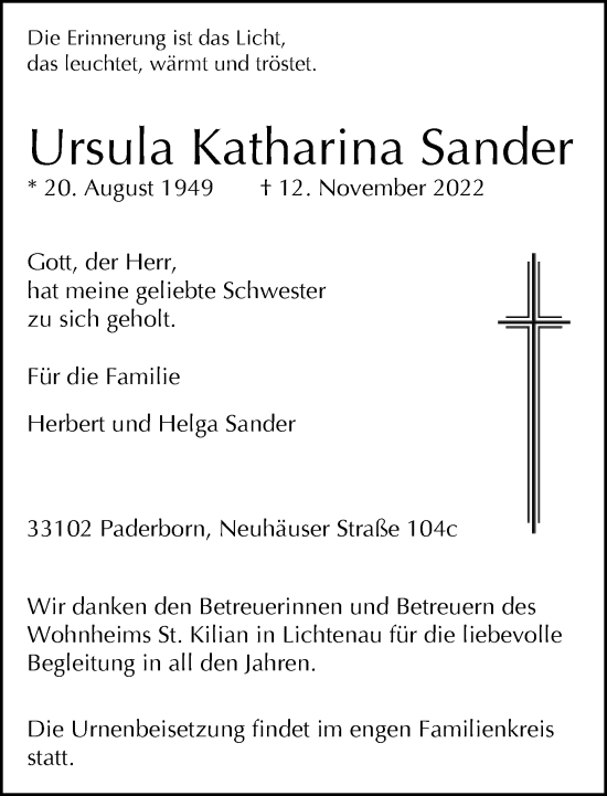 Traueranzeige von Ursula Katharina Sander von Neue Westfälische