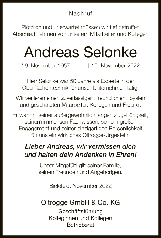 Traueranzeige von Andreas Selonke von Neue Westfälische