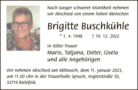 Traueranzeige von Brigitte Buschkühle von Neue Westfälische