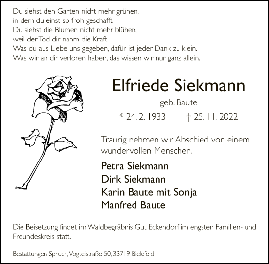 Traueranzeige von Elfriede Siekmann von Neue Westfälische