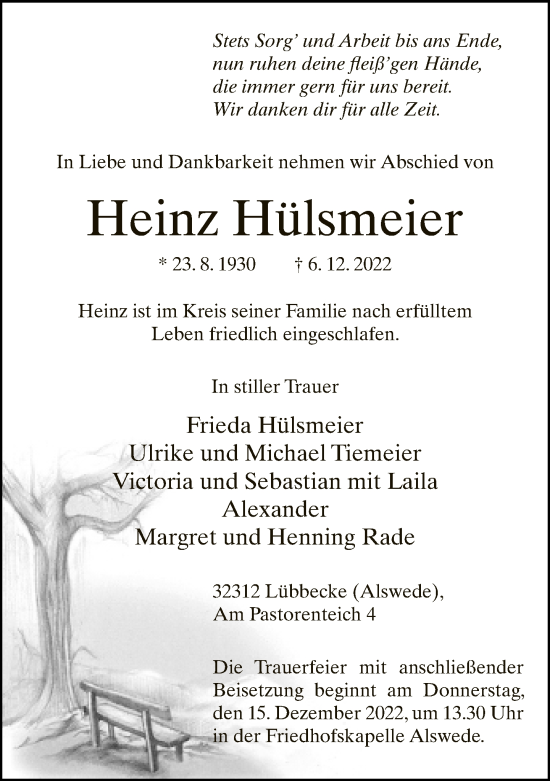 Traueranzeige von Heinz Hülsmeier von Neue Westfälische