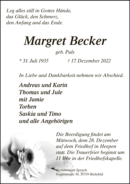 Traueranzeige von Margret Becker von Neue Westfälische