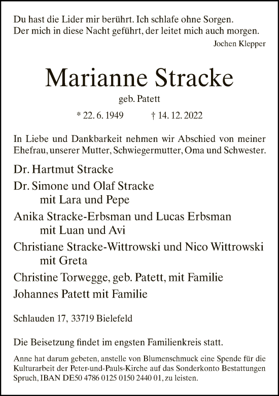 Traueranzeige von Marianne Stracke von Neue Westfälische