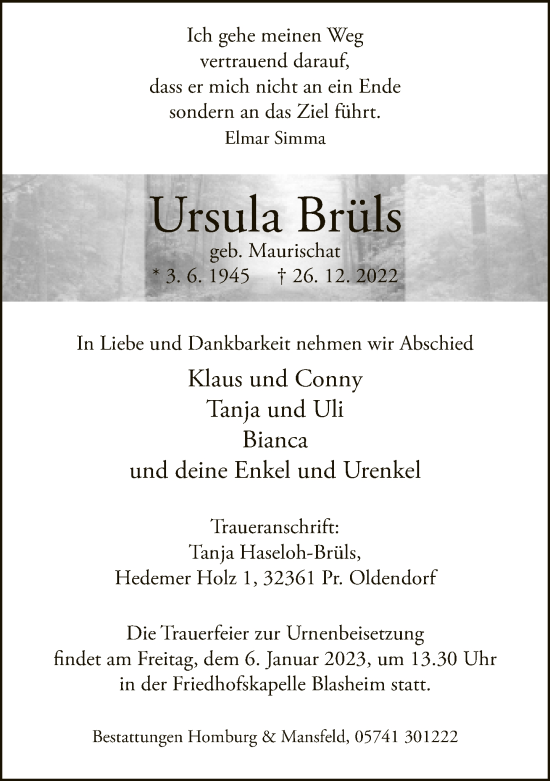 Traueranzeige von Ursula Brüls von Neue Westfälische