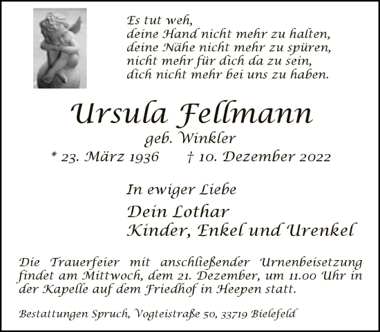 Traueranzeige von Ursula Fellmann von Neue Westfälische