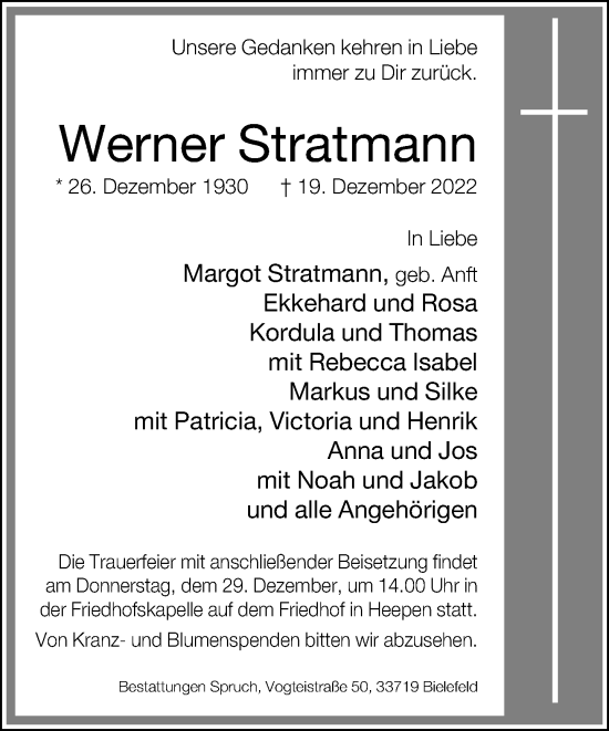 Traueranzeige von Werner Stratmann von Neue Westfälische