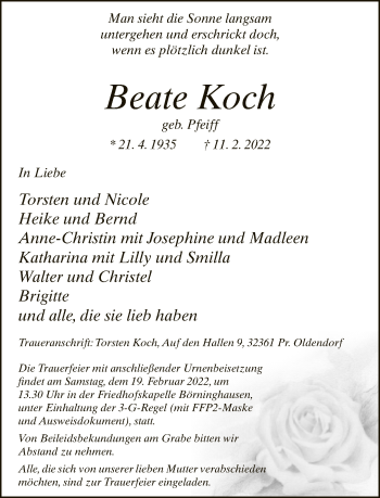 Traueranzeige von Beate Koch von Neue Westfälische