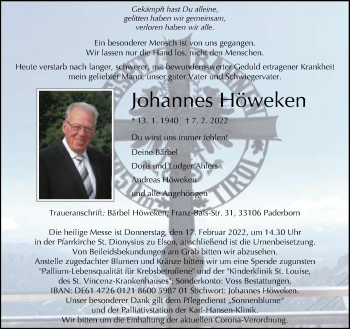 Traueranzeige von Johannes Höweken von Neue Westfälische