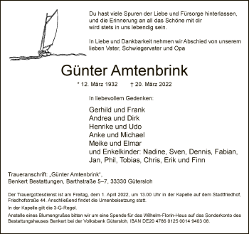 Traueranzeige von Günter Amtenbrink von Neue Westfälische