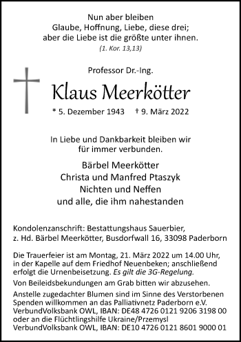 Traueranzeige von Klaus Meerkötter von Neue Westfälische