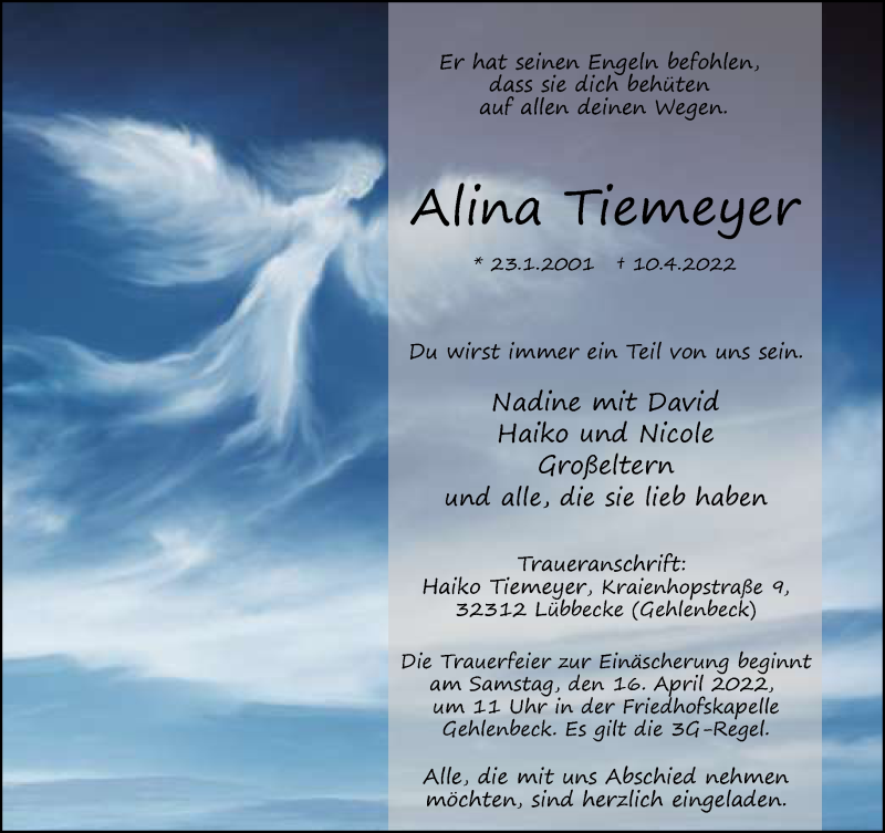  Traueranzeige für Alina Tiemeyer vom 13.04.2022 aus Neue Westfälische