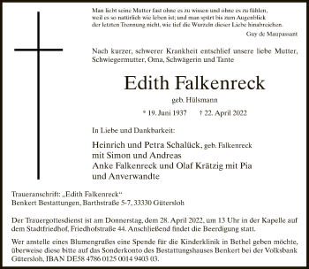 Traueranzeige von Edith Falkenreck von Neue Westfälische