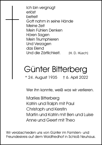 Traueranzeige von Günter Bitterberg von Neue Westfälische