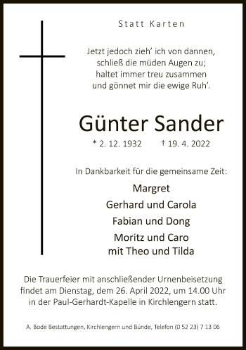 Traueranzeige von Günter Sander von Neue Westfälische