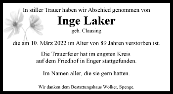 Traueranzeige von Inge Laker von Neue Westfälische