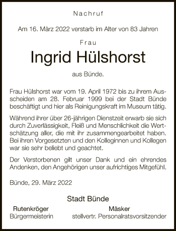 Traueranzeige von Ingrid Hülshorst von Neue Westfälische