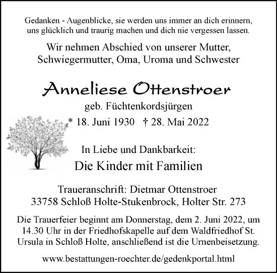 Traueranzeige von Anneliese Offenstroer von Neue Westfälische