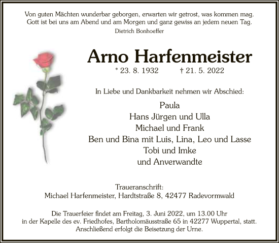 Traueranzeige von Arno Harfenmeister von Neue Westfälische