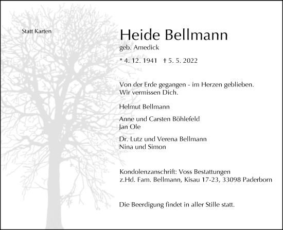 Traueranzeige von Heide Bellmann von Neue Westfälische